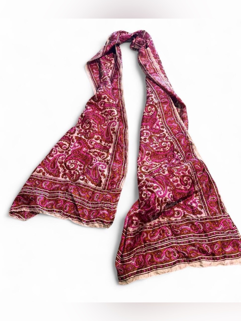Pink and burgundy paisley scarf with white trim
